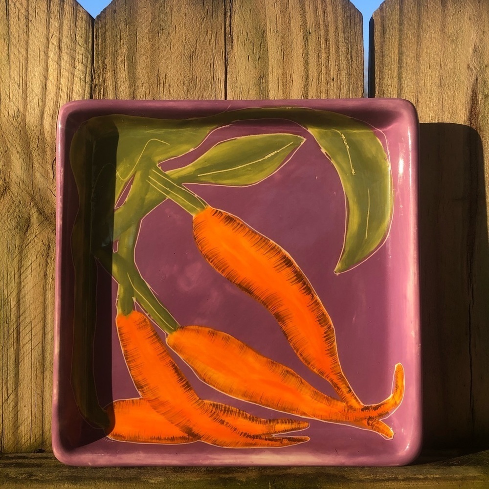 Hand Painted Carrots on Purple Square Ceramic Dish by Foreside